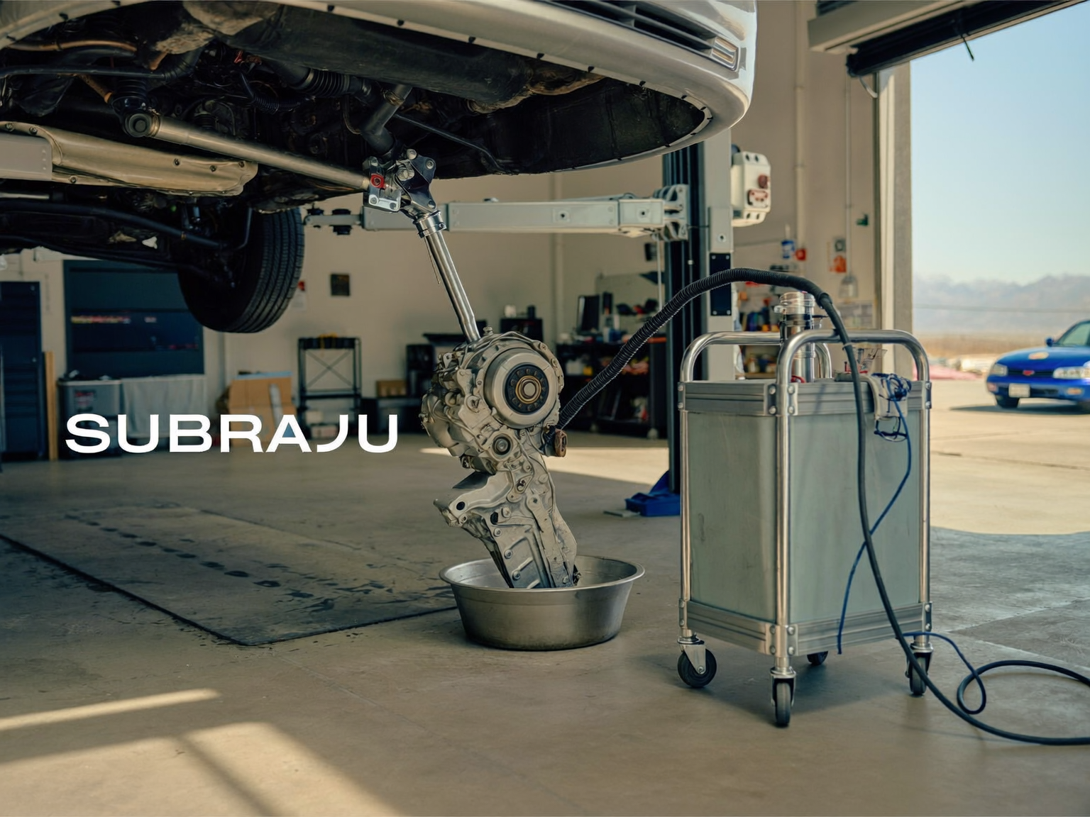 Subaru crossover raised in a Front Range repair shop for CVT fluid service, with the transmission area positioned off-center in natural daylight.