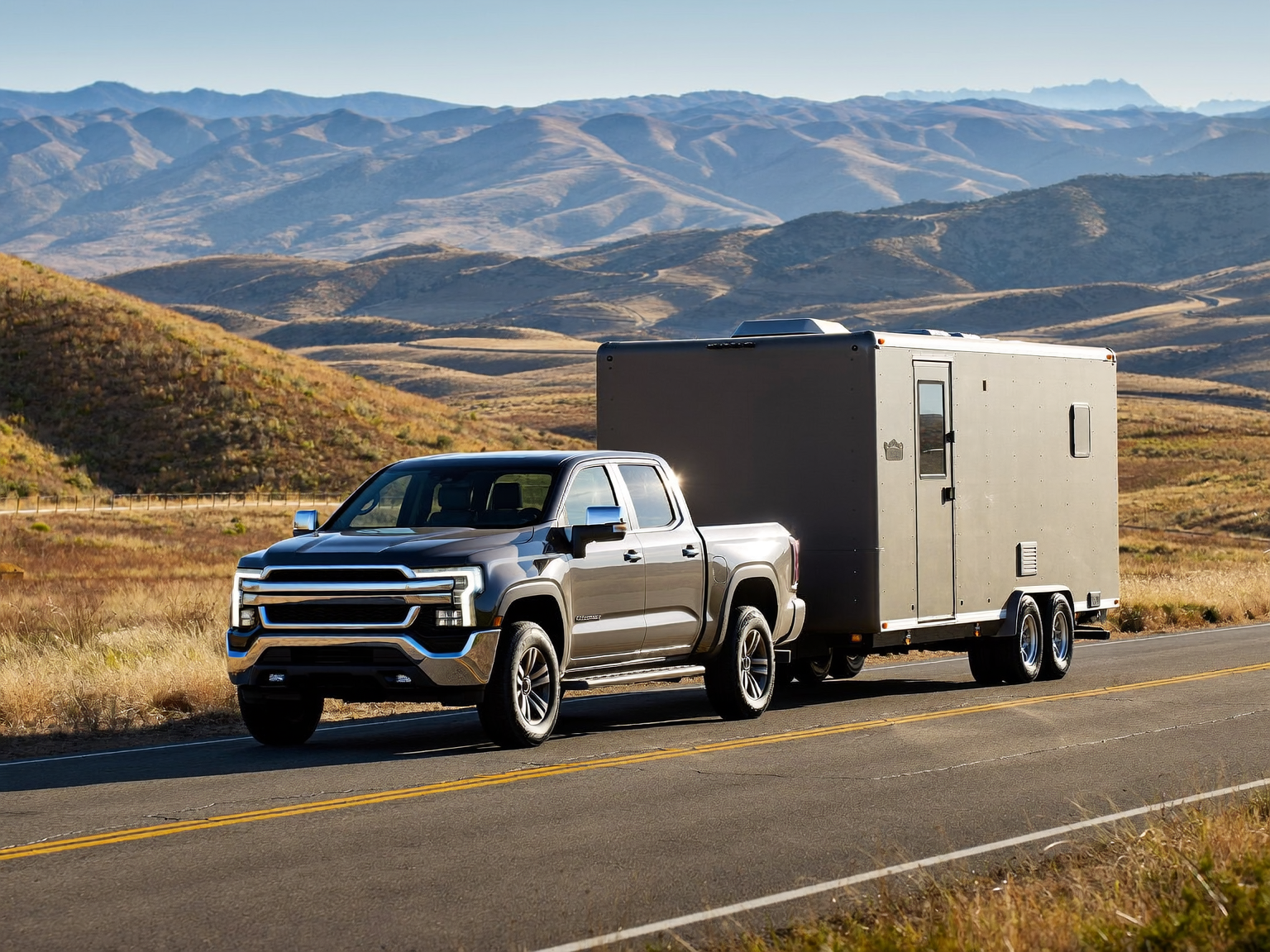 Diesel pickup towing an enclosed utility trailer on a road near Longmont with Colorado foothills in the background.