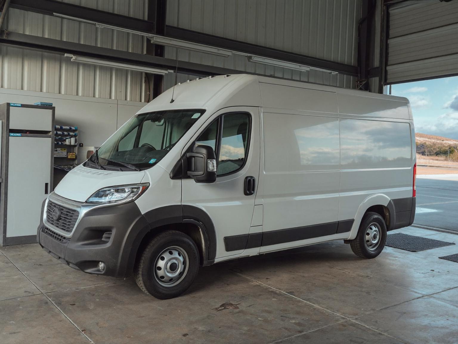 Unbranded commercial work van in a clean service bay with the Colorado foothills visible outside.