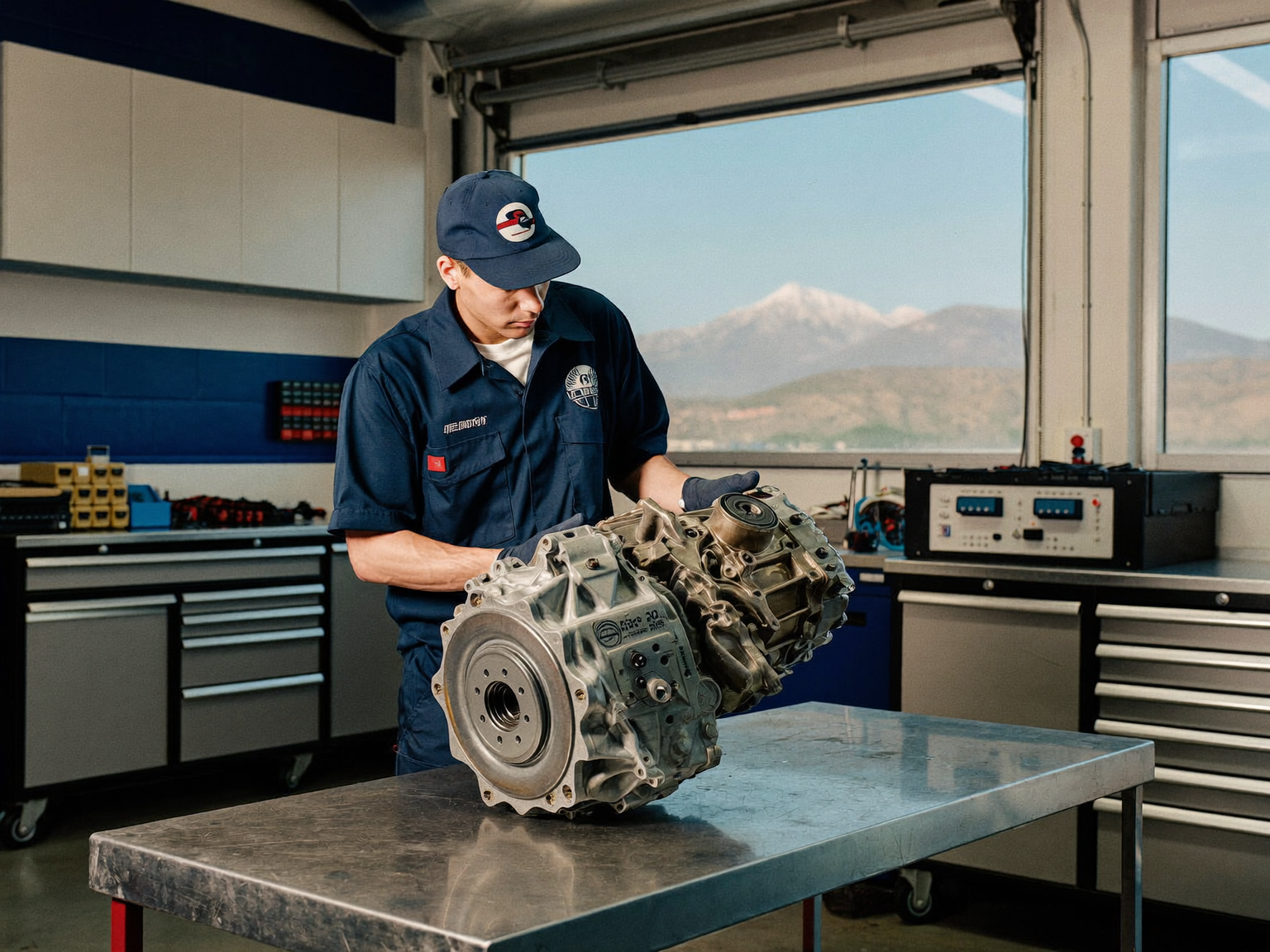 Automatic transmission on a workshop bench while a technician inspects its housing and electrical connections.