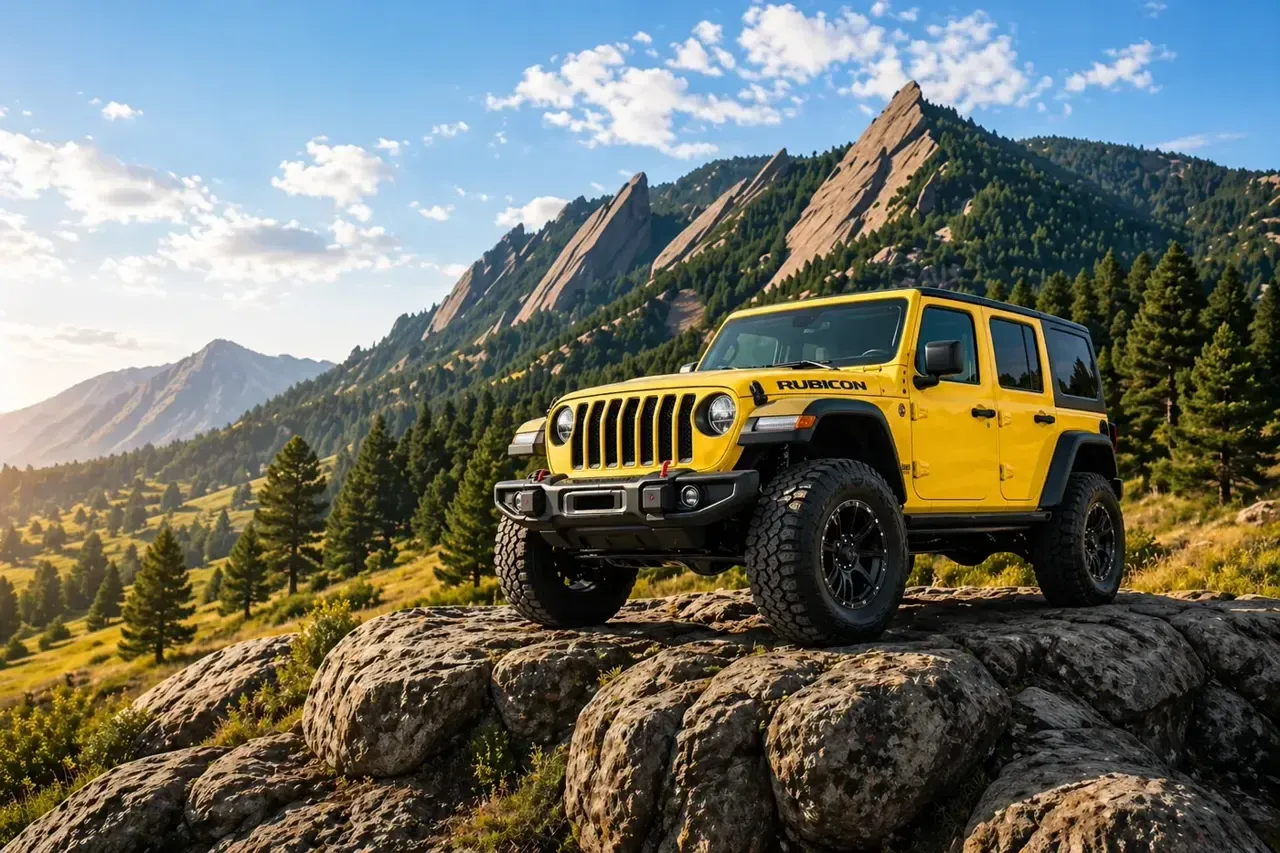 White Jeep Rubicon parked on a rock outcrop with the Boulder Flatirons in the background