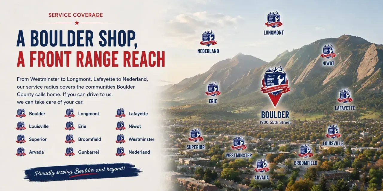 Service coverage map showing Legacy Automotive's Boulder location and surrounding Front Range communities including Longmont, Nederland, Niwot, Erie, Lafayette, Louisville, Superior, Westminster, Broomfield, and Arvada